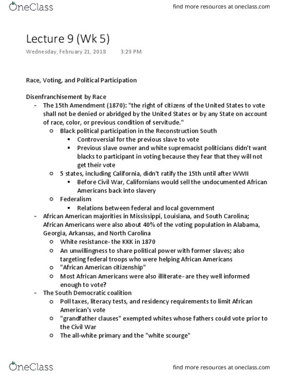 AS AM 156 Lecture Notes - Lecture 9: Fifteenth Amendment To The United States Constitution, Grandfather Clause, Literacy Test thumbnail