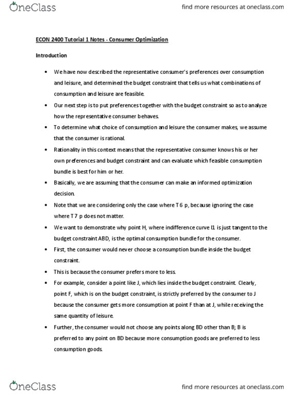 ECON 2400 Chapter Notes - Chapter 1: Budget Constraint, Indifference Curve, Rationality thumbnail