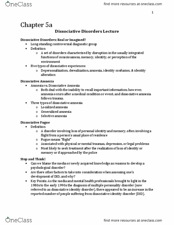 Psychology 2030A/B Lecture Notes - Lecture 5: Dissociative Identity Disorder, Fugue State, Psychogenic Amnesia thumbnail