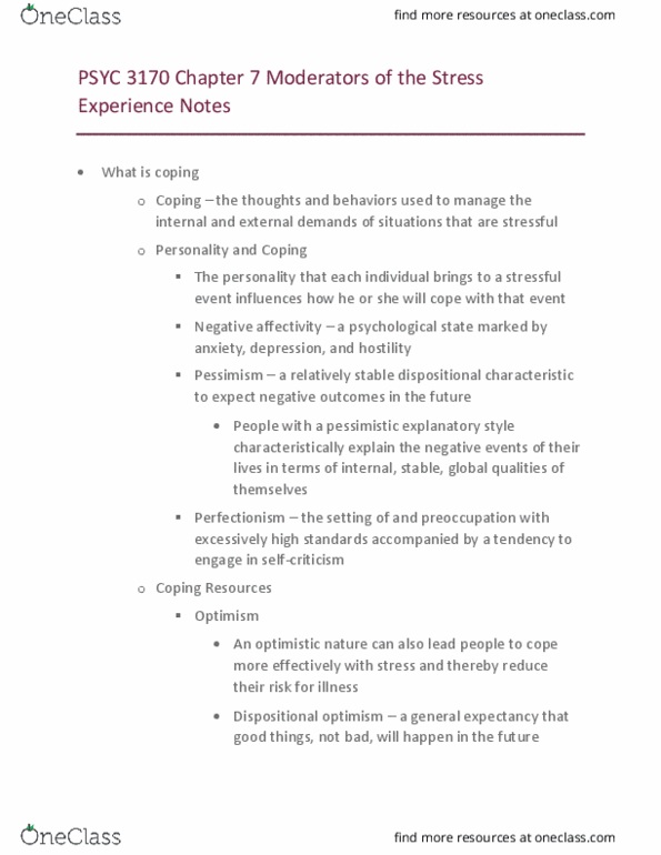 PSYC 3170 Lecture Notes - Lecture 7: Explanatory Style, Pessimism, Stress Management thumbnail