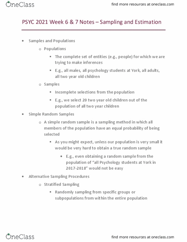 PSYC 2021 Lecture Notes - Lecture 6: Simple Random Sample, Stratified Sampling, Standard Deviation thumbnail