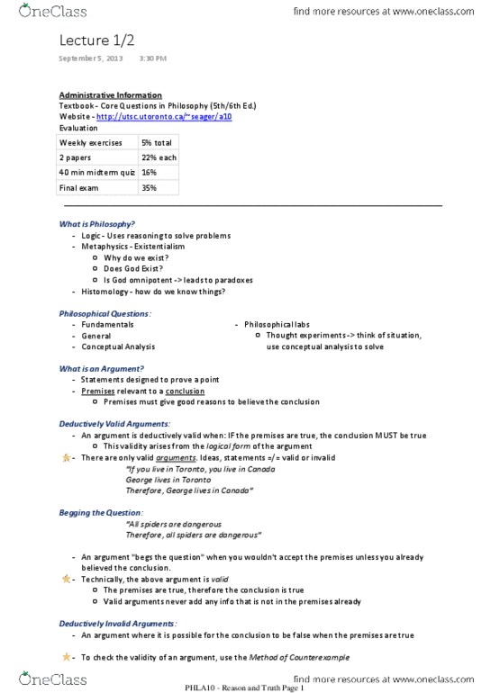 PHLA10H3 Lecture Notes - Deductive Reasoning, Omnipotence, Existentialism thumbnail