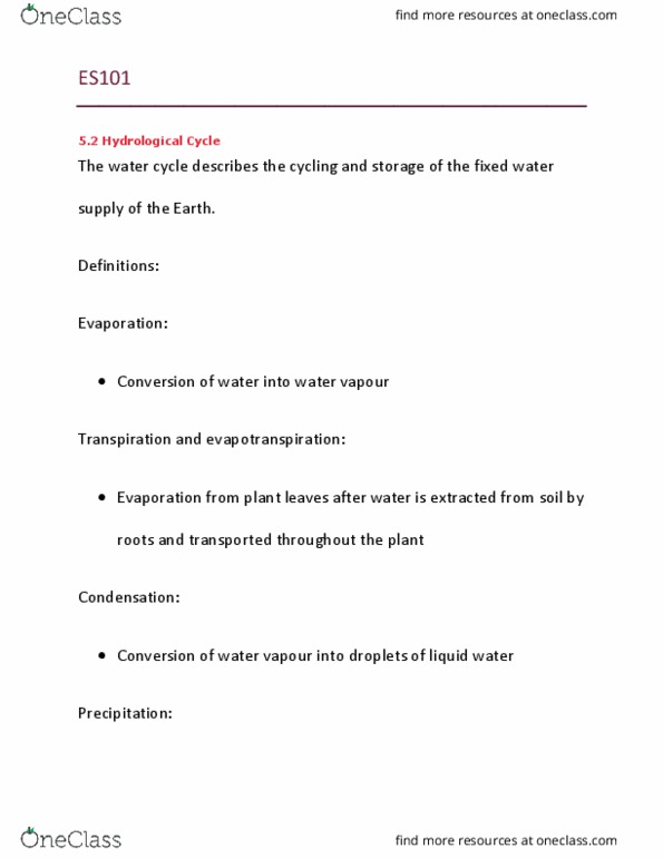 ES101 Lecture Notes - Lecture 21: Evapotranspiration, Water Cycle, Transpiration thumbnail