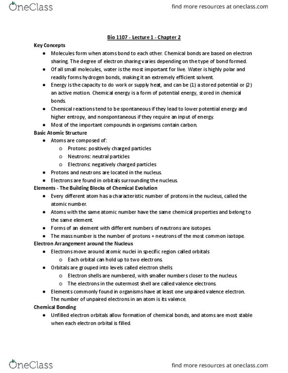 BIOL 1107 Lecture Notes - Lecture 1: Unpaired Electron, Valence Electron, Covalent Bond thumbnail