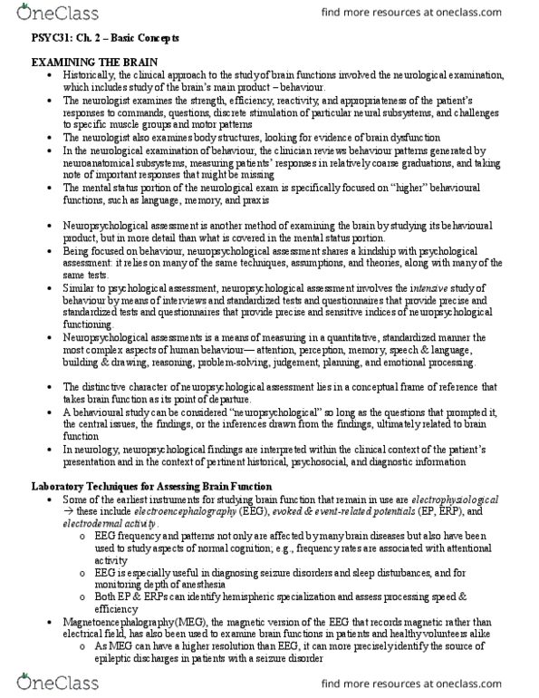 PSYC31H3 Chapter Notes - Chapter 2: Neuropsychological Assessment, Neurological Examination, Electrodermal Activity thumbnail