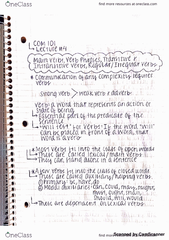 COM 101 Lecture 4: COM 101 Lecture #4, Main Verbs, Verb Phrases, Transitive/Intransitive Verbs, Regular/ Irregular Verbs (SYRACUSE UNIVERSITY) thumbnail