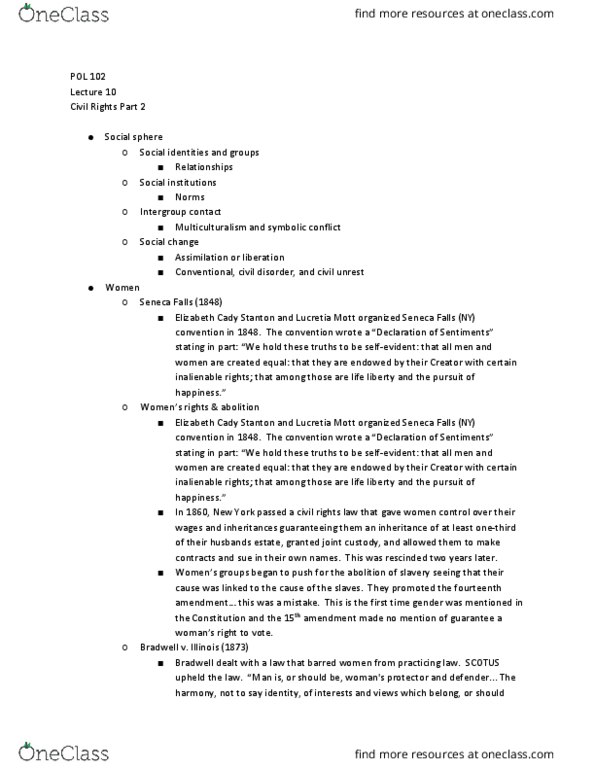 POL 102 Lecture Notes - Lecture 10: Elizabeth Cady Stanton, Lucretia Mott, Equal Rights Amendment thumbnail