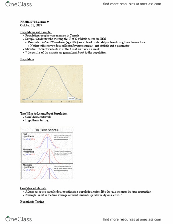 FRHD 3070 Lecture Notes - Lecture 9: Statistical Parameter, Statistic, Statistical Population thumbnail