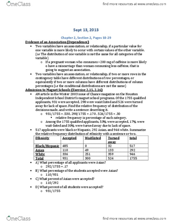 Statistics 1770 Lecture Notes - Magnet School, Contingency Table, Frequency Distribution thumbnail