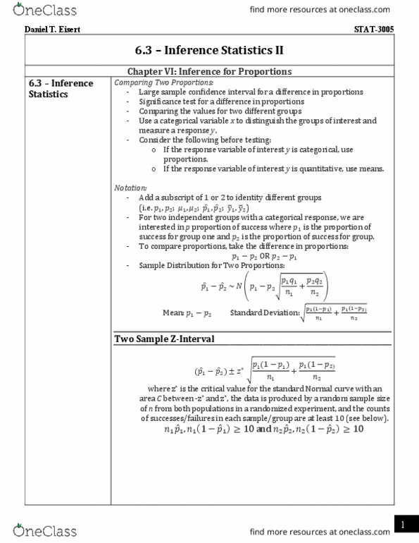 STAT 3005 Lecture Notes - Lecture 6: Randomized Experiment, Dependent And Independent Variables, Confidence Interval thumbnail