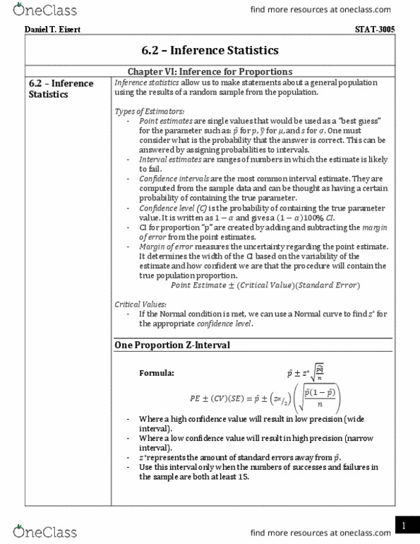 STAT 3005 Lecture Notes - Lecture 6: Confidence Interval, Interval Estimation, Point Estimation thumbnail