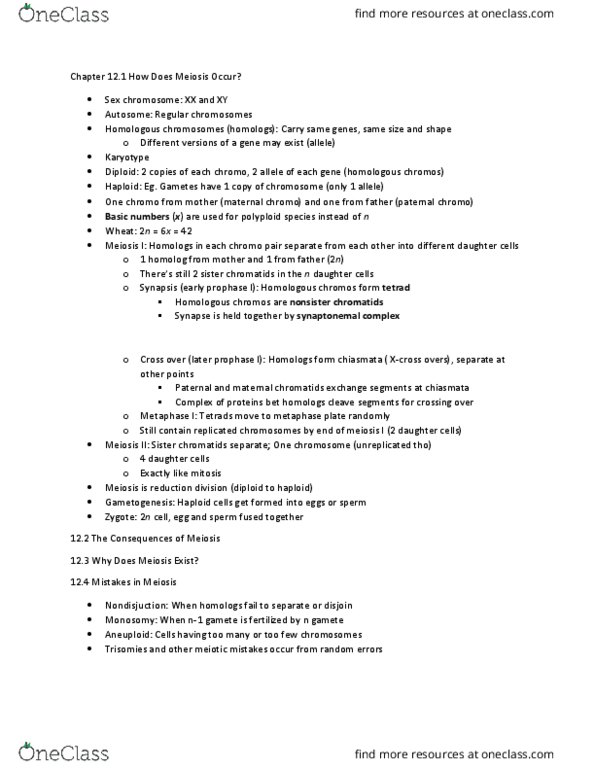 BIOL 121 Chapter Notes - Chapter 12: Sister Chromatids, Synaptonemal Complex, Meiosis thumbnail