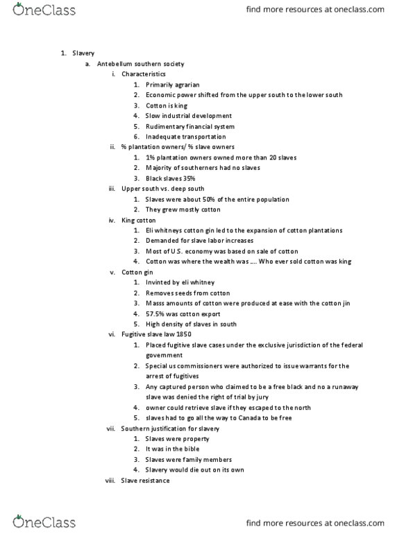 AMH 2010 Chapter Notes - Chapter 4: Cotton Gin, Fugitive Slaves In The United States, Upland South thumbnail