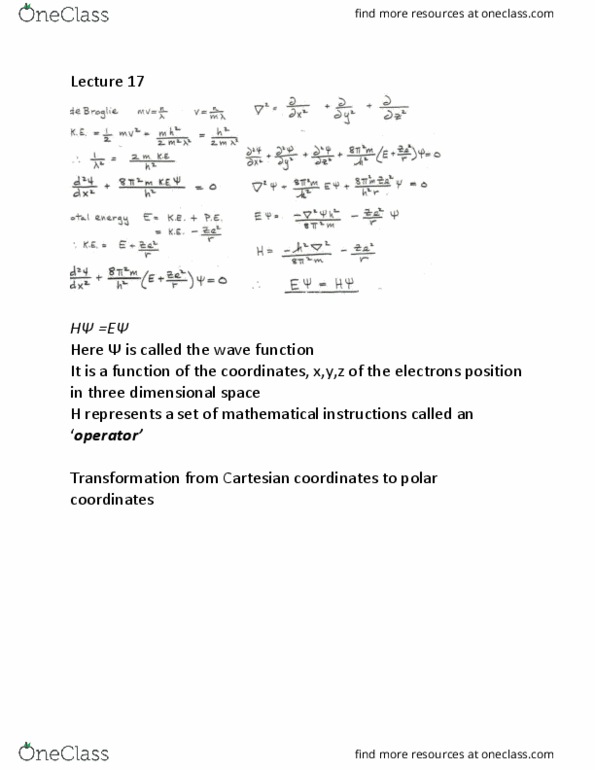 CHM120H5 Lecture Notes - Lecture 17: Cartesian Coordinate System, Atomic Orbital, Schrödinger Equation thumbnail