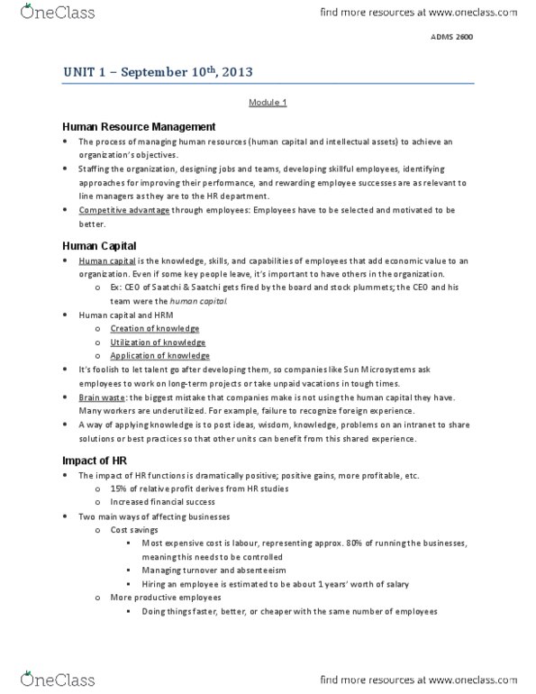 ADMS 2600 Chapter : Unit 1 - Challenge of HRM - Full, detailed notes! thumbnail