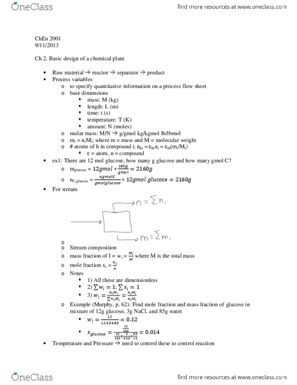 CHEN 2001 Lecture Notes - Lecture 9: Flowchart, Molar Mass, Process Variable thumbnail