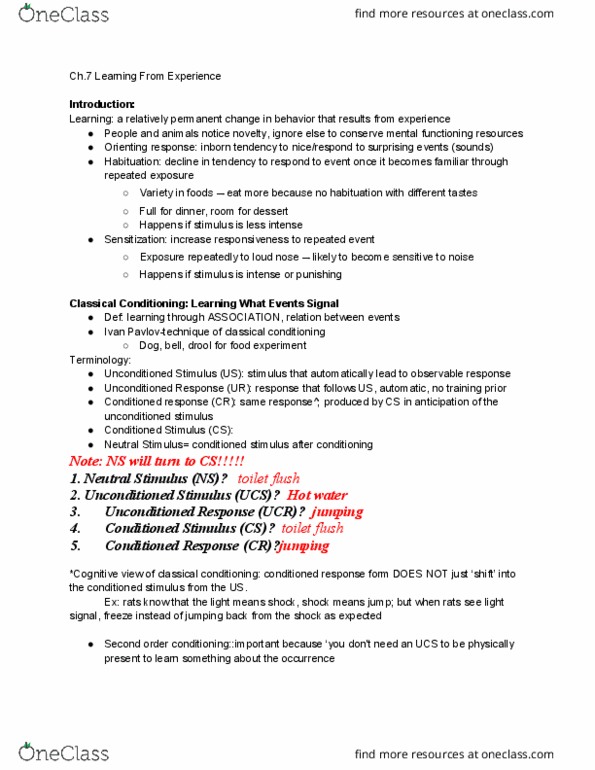 PSYC 1 Chapter Notes - Chapter 5: Classical Conditioning, Habituation, Observational Learning thumbnail