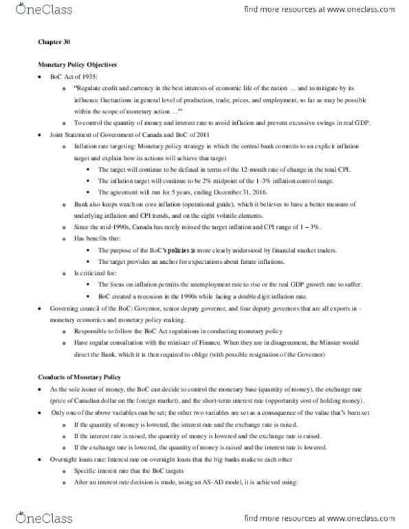 Economics 1022A/B Chapter Notes - Chapter 30: Open Market Operation, Real Interest Rate, Overnight Rate thumbnail