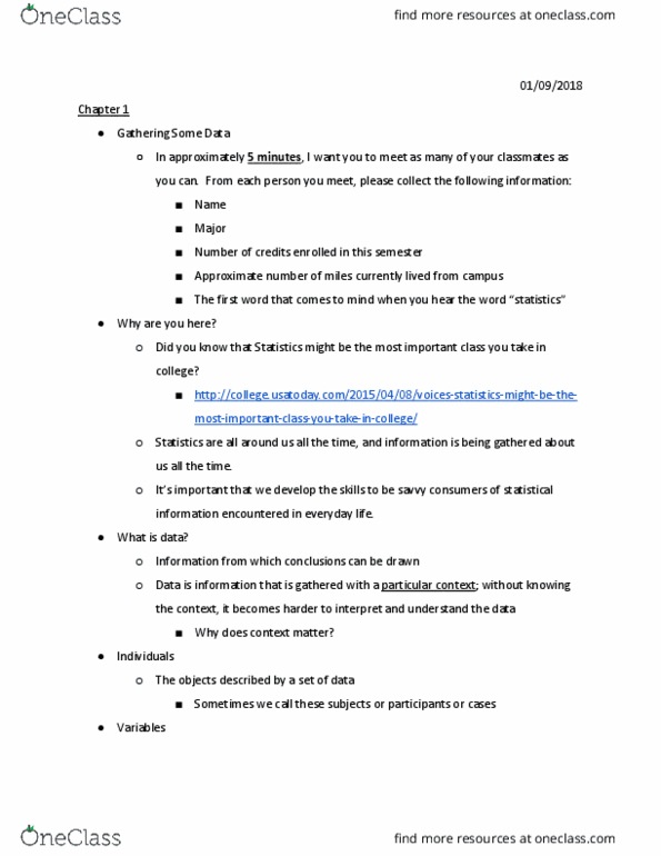 STAT 1350 Lecture Notes - Lecture 1: Statistic, Simple Random Sample, Statistical Parameter thumbnail