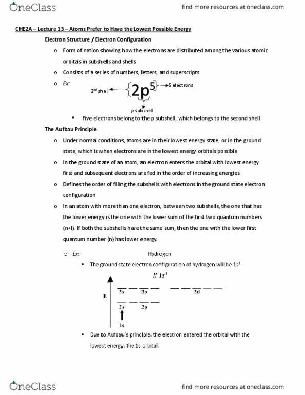 CHE 2A Lecture Notes - Lecture 13: Pauli Exclusion Principle, Electron Configuration, Maximum Capacity thumbnail