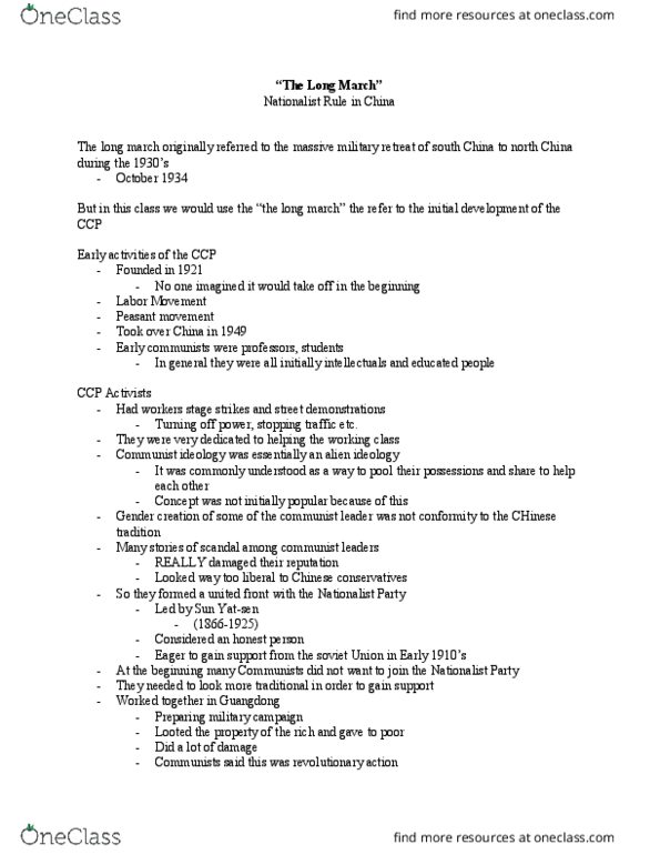 HIST 2P66 Lecture Notes - Lecture 4: Mao Zedong, Class Conflict, Chiang Kai-Shek thumbnail