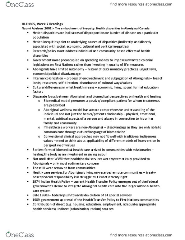 HLTH 305 Chapter Notes - Chapter -: Biomedical Model, Biomedicine, Health Equity thumbnail