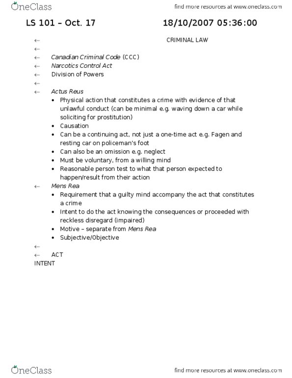 LS101 Lecture Notes - Canada Evidence Act, Narcotic Control Act, Indictable Offence thumbnail