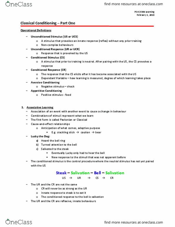 PSYC-3306EL Lecture Notes - Lecture 7: Fear Conditioning, Contiguity, Classical Conditioning thumbnail