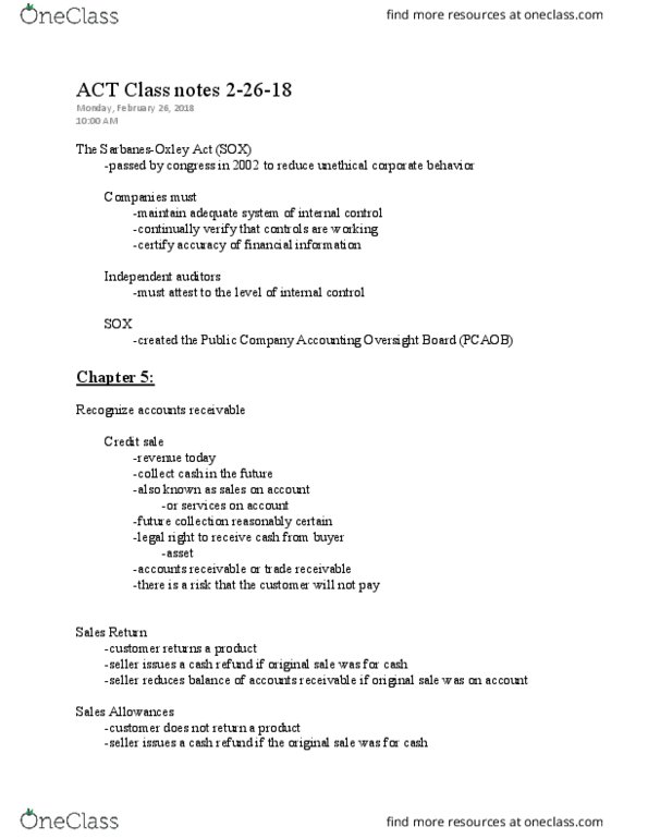 ACT 205 Lecture Notes - Lecture 11: Internal Control, Income Statement, Accounts Receivable thumbnail