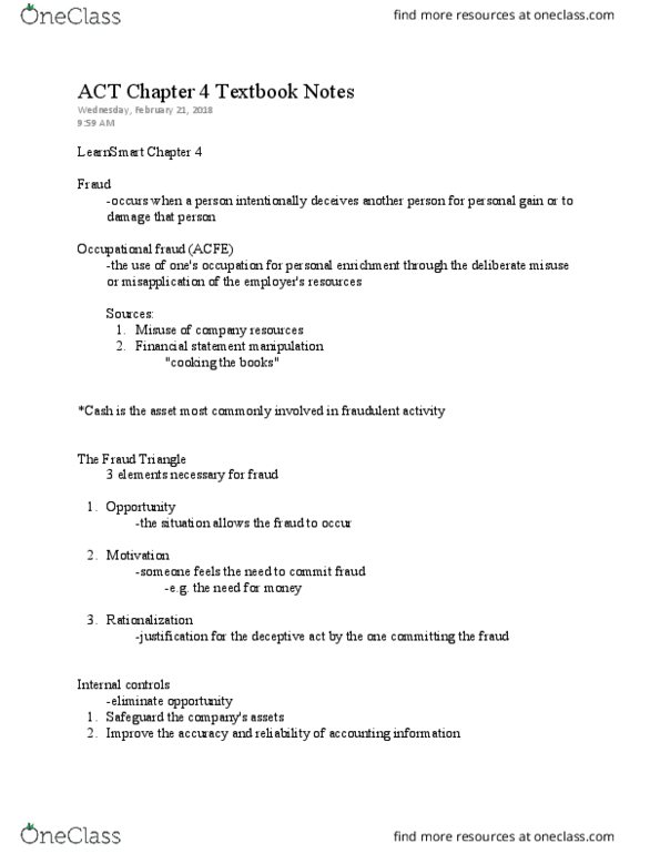 ACT 205 Chapter Notes - Chapter 4: Risk Assessment, Internal Control, Financial Statement thumbnail