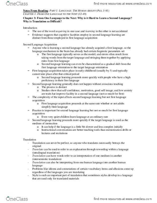 PSY274H5 Chapter Notes - Chapter 3: Second-Language Acquisition, Principles And Parameters thumbnail