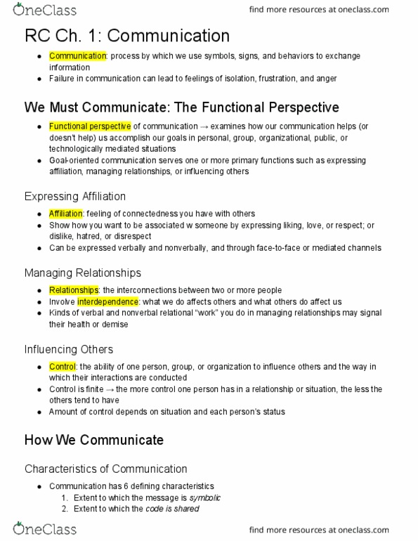 COMM 1 Chapter Notes - Chapter 1-4, 7-8: Communication, Pragmatics, Interpersonal Communication thumbnail