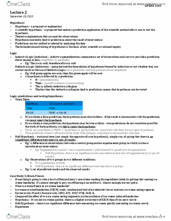 LIFESCI 2A03 Lecture Notes - Lecture 2: Null Hypothesis, Ice Cream Headache, Deductive Reasoning thumbnail