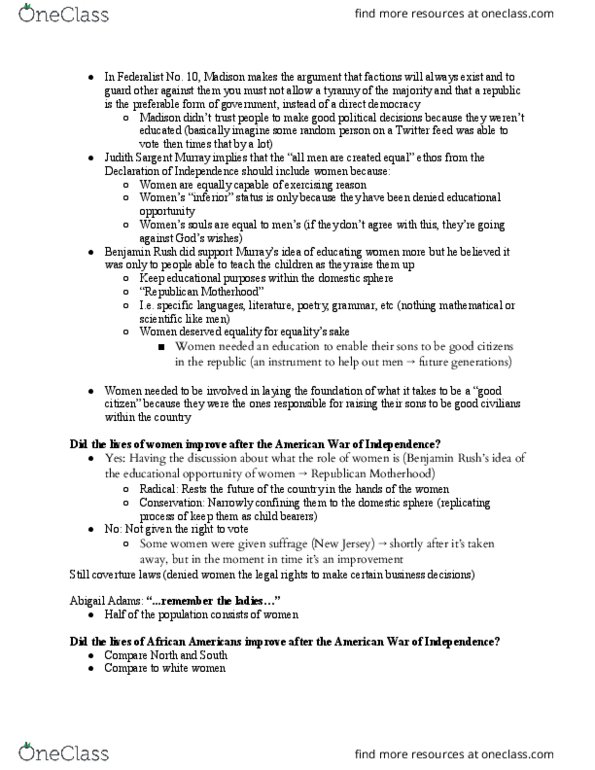 HILD 2A-B-C Lecture Notes - Lecture 16: Direct Democracy, Abigail Adams, Coverture thumbnail