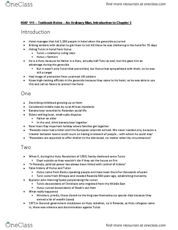 HIAF 111 Chapter Notes - Chapter Introduction to Chapter 3: Guerrilla Warfare, Yuhi V Of Rwanda, Tutsi thumbnail