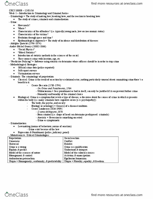 CRCJ 1000 Lecture Notes - Lecture 1: Adolphe Quetelet, Psychopathy, Social Physics thumbnail