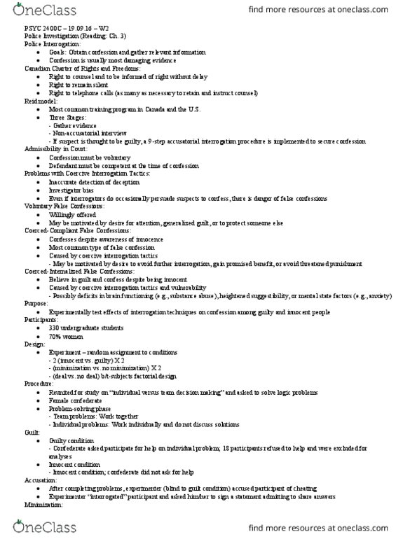 PSYC 2400 Lecture Notes - Lecture 2: True Confession, Factorial Experiment, Random Assignment thumbnail