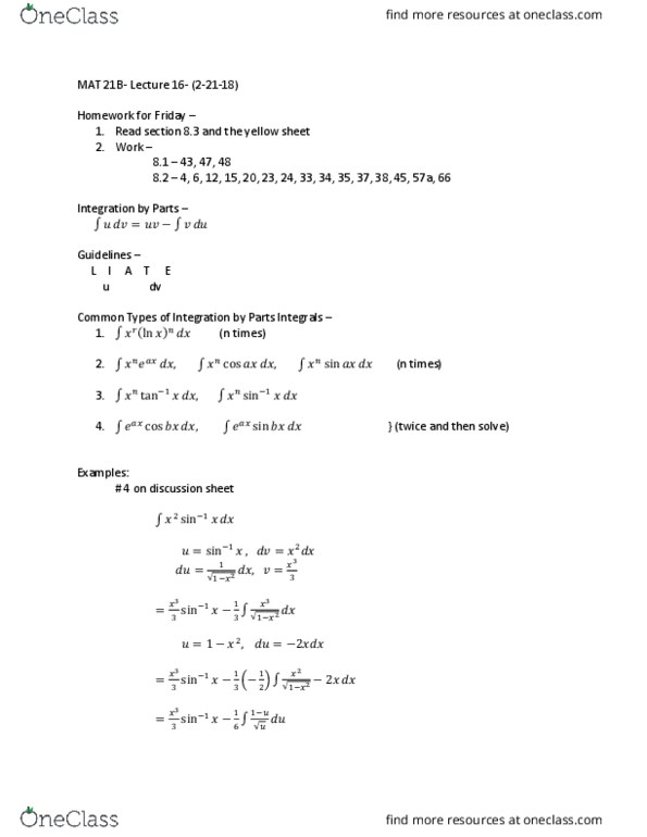 MAT 21B Lecture Notes - Lecture 16: Polynomial Long Division, Integration By Parts thumbnail