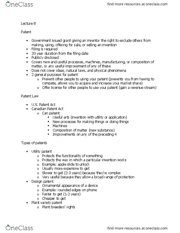 CCT206H5 Lecture Notes - Lecture 7: Patent Infringement, Business Method Patent, Biological Patent thumbnail