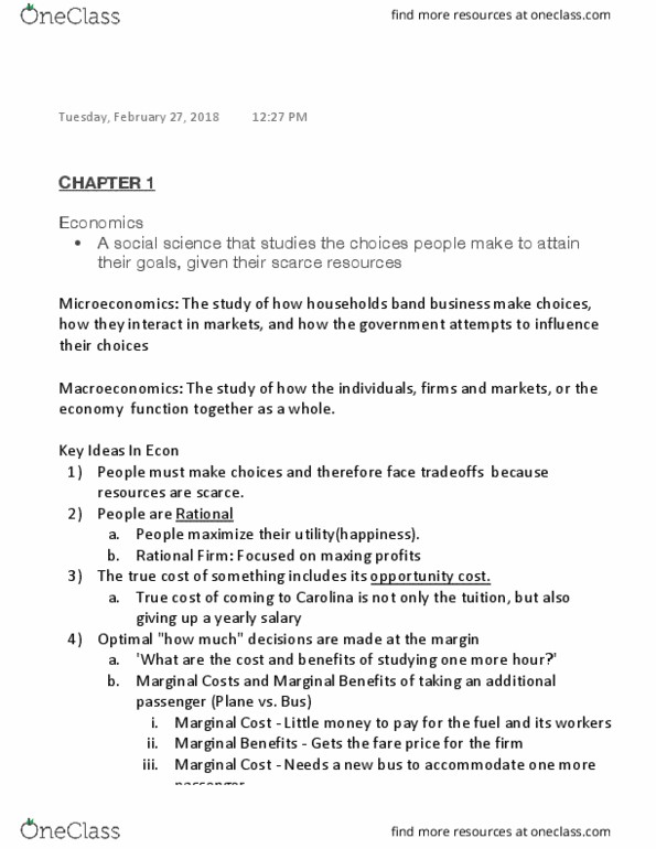 ECON 101 Lecture Notes - Lecture 1: Normative Economics, Opportunity Cost, Rationality thumbnail