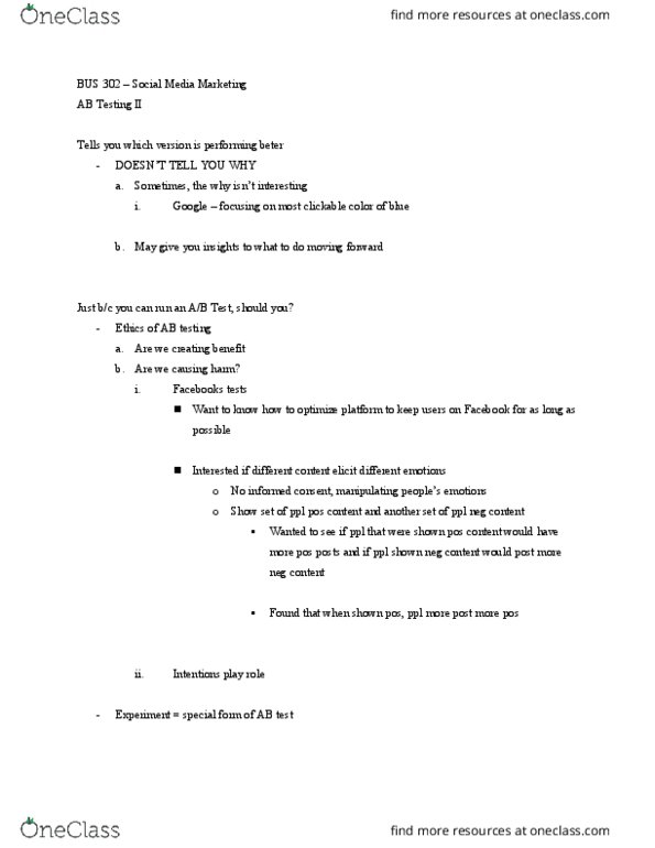 BUS 302 Lecture Notes - Lecture 9: Social Media Marketing thumbnail