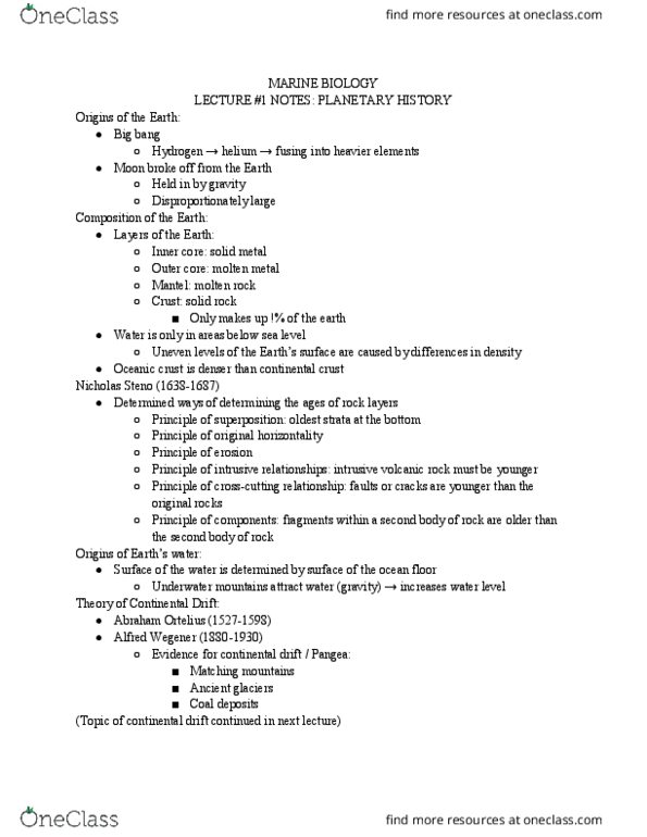 BIOS10112 Lecture Notes - Lecture 1: Abraham Ortelius, Continental Crust, Oceanic Crust thumbnail