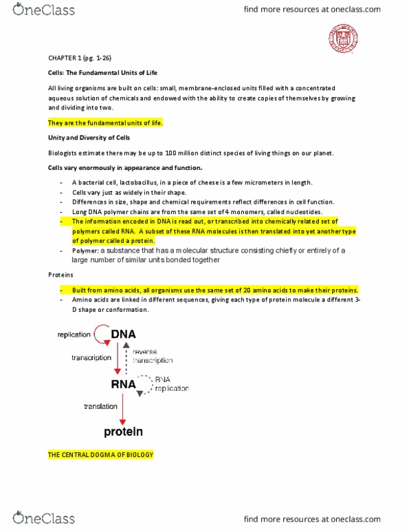 BIOMG 1350 Lecture Notes - Lecture 1: Organelle, Peptide Bond, Intermediate Filament thumbnail