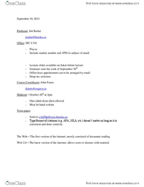 APCO 1P50 Lecture Notes - Web 2.0, Term Paper, Academic Dishonesty thumbnail