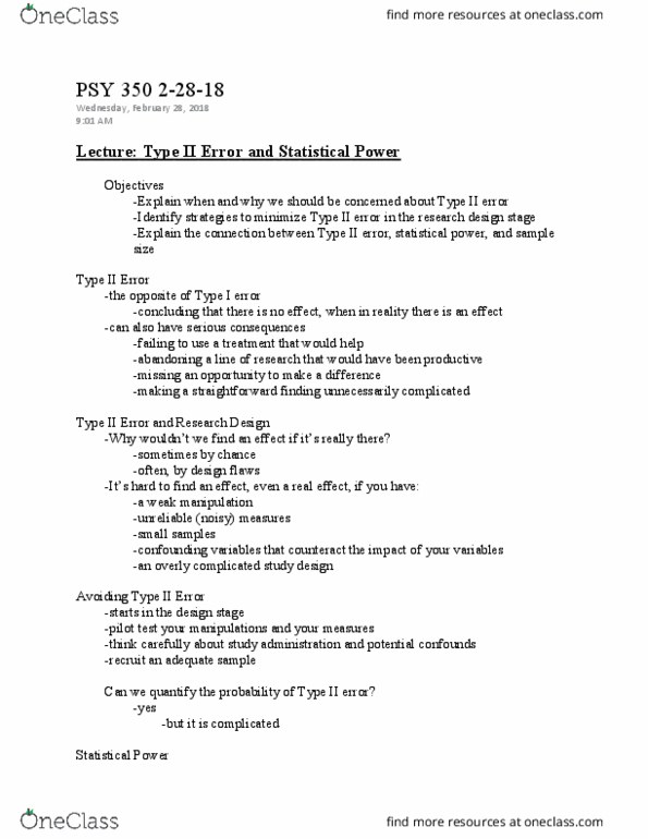 PSY 350 Lecture Notes - Lecture 26: Type I And Type Ii Errors, Statistical Power, Effect Size thumbnail