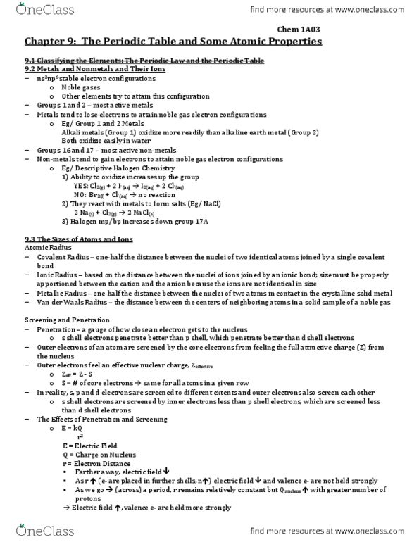 CHEM 1A03 Chapter Notes - Chapter 9: Van Der Waals Radius, Electron Configuration, Tooth Enamel thumbnail