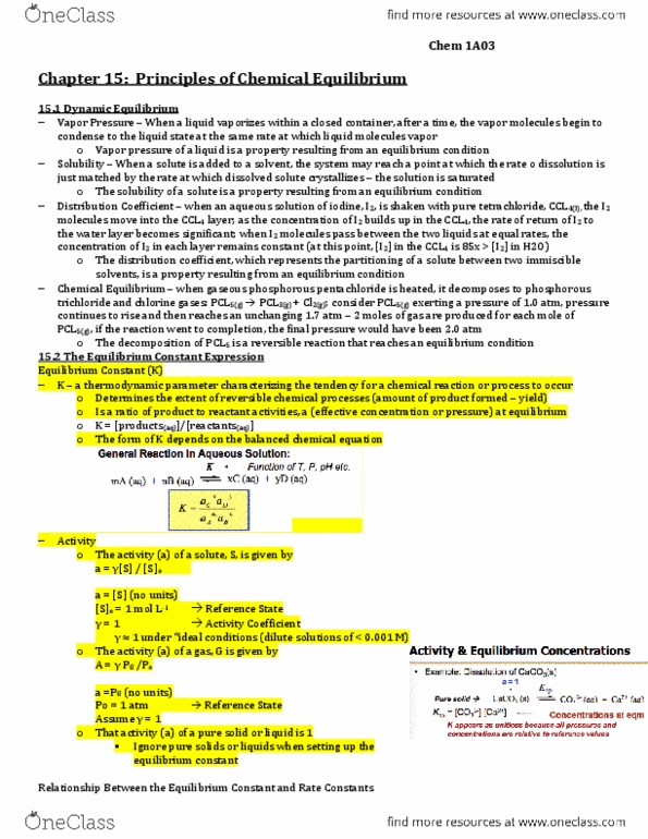 CHEM 1A03 Chapter Notes - Chapter 15: Phosphorus Pentachloride, Equilibrium Constant, Chemical Equation thumbnail