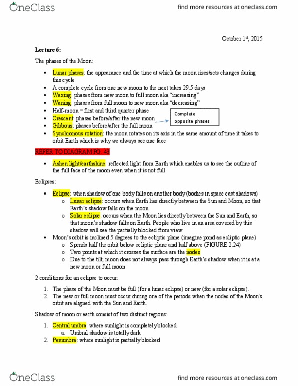 ASC 103 Lecture Notes - Lecture 6: Solar Eclipse, Ecliptic, Lunar Phase thumbnail