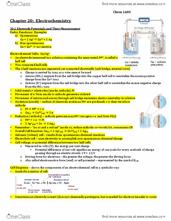 CHEM 1A03 Chapter Notes - Chapter 20: Standard Hydrogen Electrode, Electrochemical Cell, Electromotive Force thumbnail