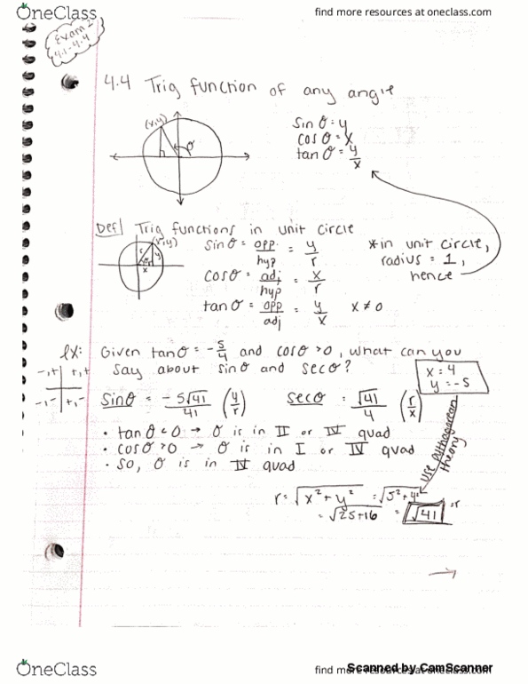 MAC 1114 Lecture 5: trig notes 4.4: Trig Function of any Angle thumbnail